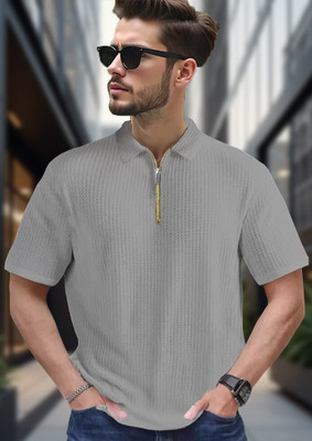 Conway Self Design Men Zip Neck Grey T-Shirt