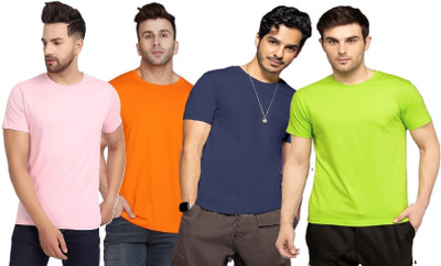 FIVEFEB Solid Men Round Neck Pink, Orange, Blue, Light Green T-Shirt