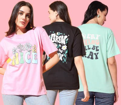 SwellSwag Typography Women Round Neck Light Blue, Black, Pink T-Shirt
