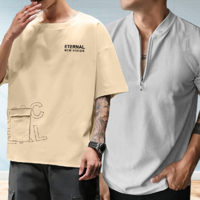 Jump Cuts Printed Men Henley Neck Reversible Multicolor T-Shirt