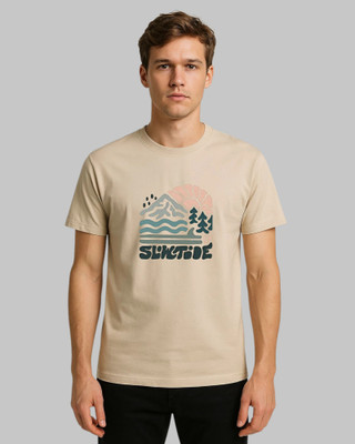 Droplet Printed Men Round Neck Beige T-Shirt