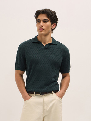 THE BEAR HOUSE Self Design Men Polo Neck Green T-Shirt