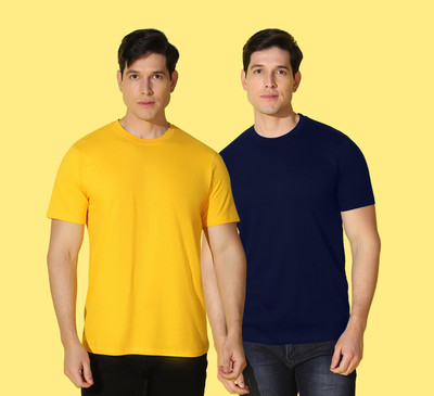 WOOSTRO Solid Men Round Neck Dark Blue, Yellow T-Shirt