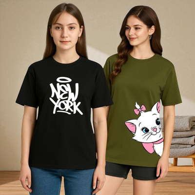 Elvia Graphic Print Women Round Neck Green, Black T-Shirt