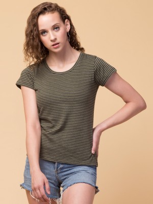 Hive91 Striped Women Round Neck Green T-Shirt