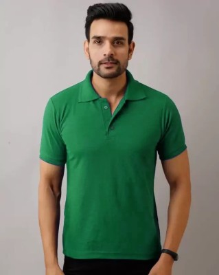 INKKR Solid Men Polo Neck Green T-Shirt