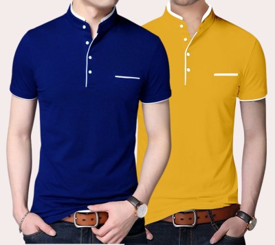 GulGuli Solid Men Mandarin Collar Blue, Yellow T-Shirt