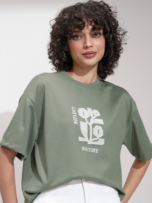 Tokyo Talkies Self Design Women Round Neck Green T-Shirt