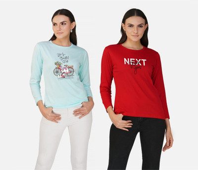 CHOZI Printed Women Round Neck Light Blue, Red T-Shirt