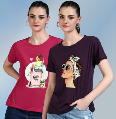 METRONAUT Printed Women Round Neck Purple, Maroon T-Shirt