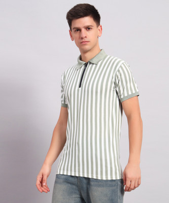 Brayles Striped Men Polo Neck Grey T-Shirt