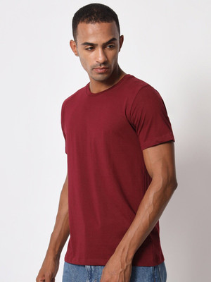 RULEDBYSUN Solid Men Round Neck Maroon T-Shirt