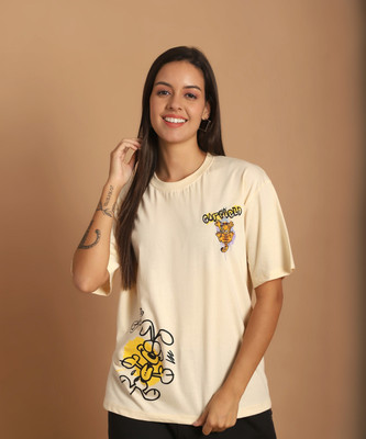 DreamBe Printed Women Round Neck Beige T-Shirt