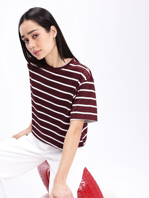 Kook N Keech Striped Women Round Neck Brown T-Shirt