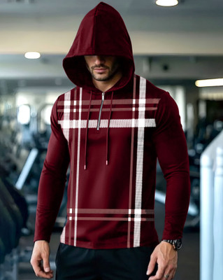 AOOSH Checkered Men Hooded Neck Maroon T-Shirt