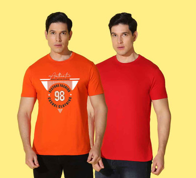 WOOSTRO Printed Men Round Neck Orange, Red T-Shirt
