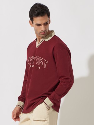 MANIAC Printed Men Polo Neck Maroon T-Shirt