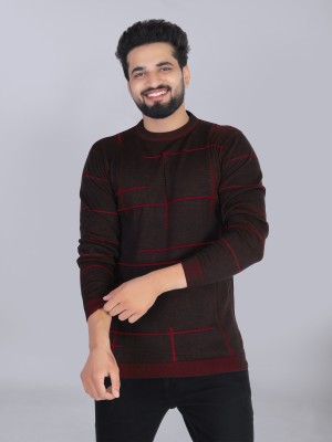 Grownk Striped Men Round Neck Maroon T-Shirt