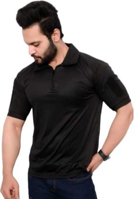 ONEBIT Solid Men Polo Neck Black T-Shirt