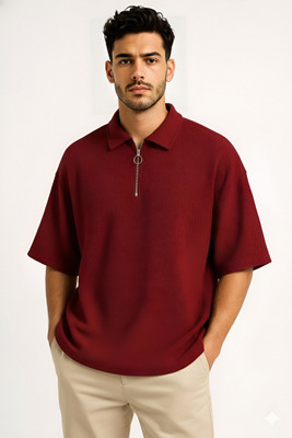 M P S TRADERS Solid Men Polo Neck Beige T-Shirt