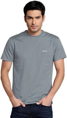 Fabc Solid Men Round Neck Grey T-Shirt