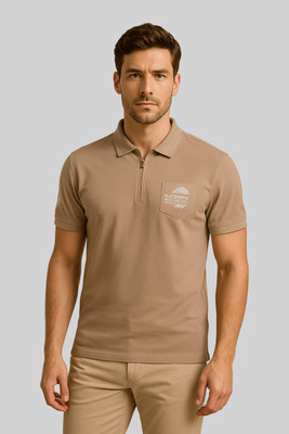 GO BIRDY Solid Men Polo Neck Beige T-Shirt
