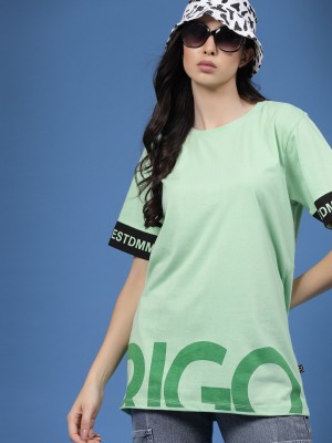 RIGO Printed, Typography Women Round Neck Light Green, Black T-Shirt