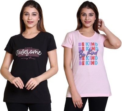 E-MAX Printed Women Round Neck Black, Pink T-Shirt