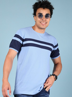 V-MART Colorblock Men Round Neck Blue T-Shirt