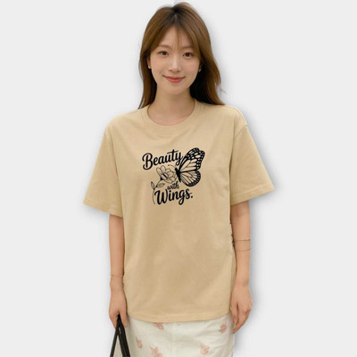 Hivewear Printed Women Round Neck Beige T-Shirt