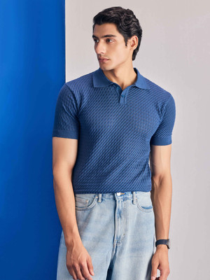 UNSTD Self Design Men Polo Neck Blue T-Shirt