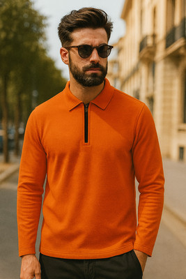 RodZen Solid Men Polo Neck Orange T-Shirt