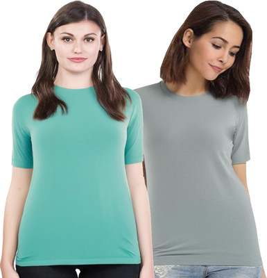 SHAUN Solid Women Round Neck Multicolor T-Shirt