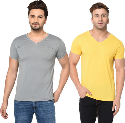 Tresna Trending Solid Men V Neck Grey, Yellow T-Shirt