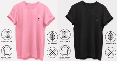 FASHLOOK Solid Men Round Neck Pink, Black T-Shirt