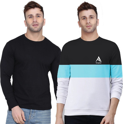 Kroptee Colorblock, Solid Men Round Neck Light Blue, Black T-Shirt