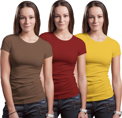 Stylewill Solid Women Round Neck Brown, Maroon, Yellow T-Shirt
