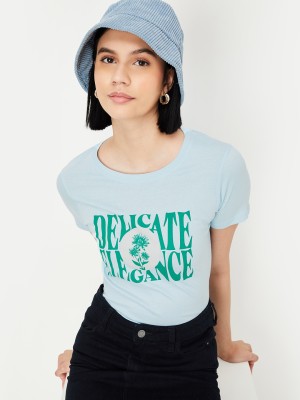 MAX Printed, Typography Women Round Neck Blue T-Shirt