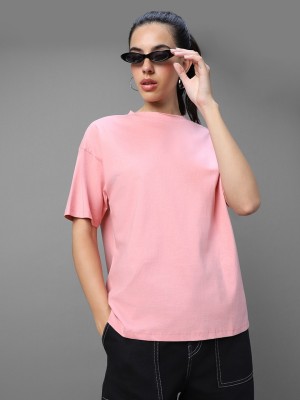 BEWAKOOF Solid Women Round Neck Pink T-Shirt