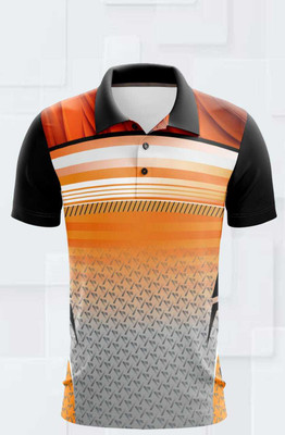 MAA Striped, Printed Men Polo Neck Orange T-Shirt