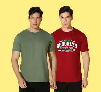 WOOSTRO Printed Men Round Neck Green, Maroon T-Shirt