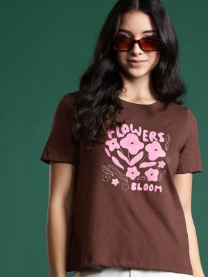 Dressberry Printed Women Round Neck Brown T-Shirt