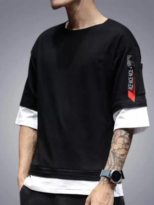 PEAK MOUNT Colorblock Men Round Neck Black T-Shirt