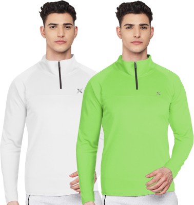 FTX Solid Men Zip Neck White, Green T-Shirt