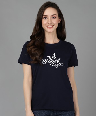 Adyavastram Printed, Typography Women Round Neck Navy Blue T-Shirt