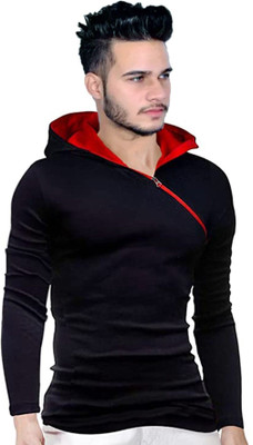 PEAK MOUNT Solid Men Zip Neck Black T-Shirt