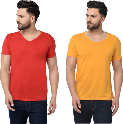 Tresna Trending Solid Men V Neck Red, Yellow T-Shirt