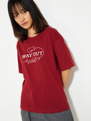 MAX Printed Women Round Neck Maroon T-Shirt