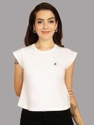 FRISKERS Solid Women Round Neck White T-Shirt