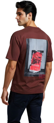 Glitchez Printed Men Round Neck Brown T-Shirt